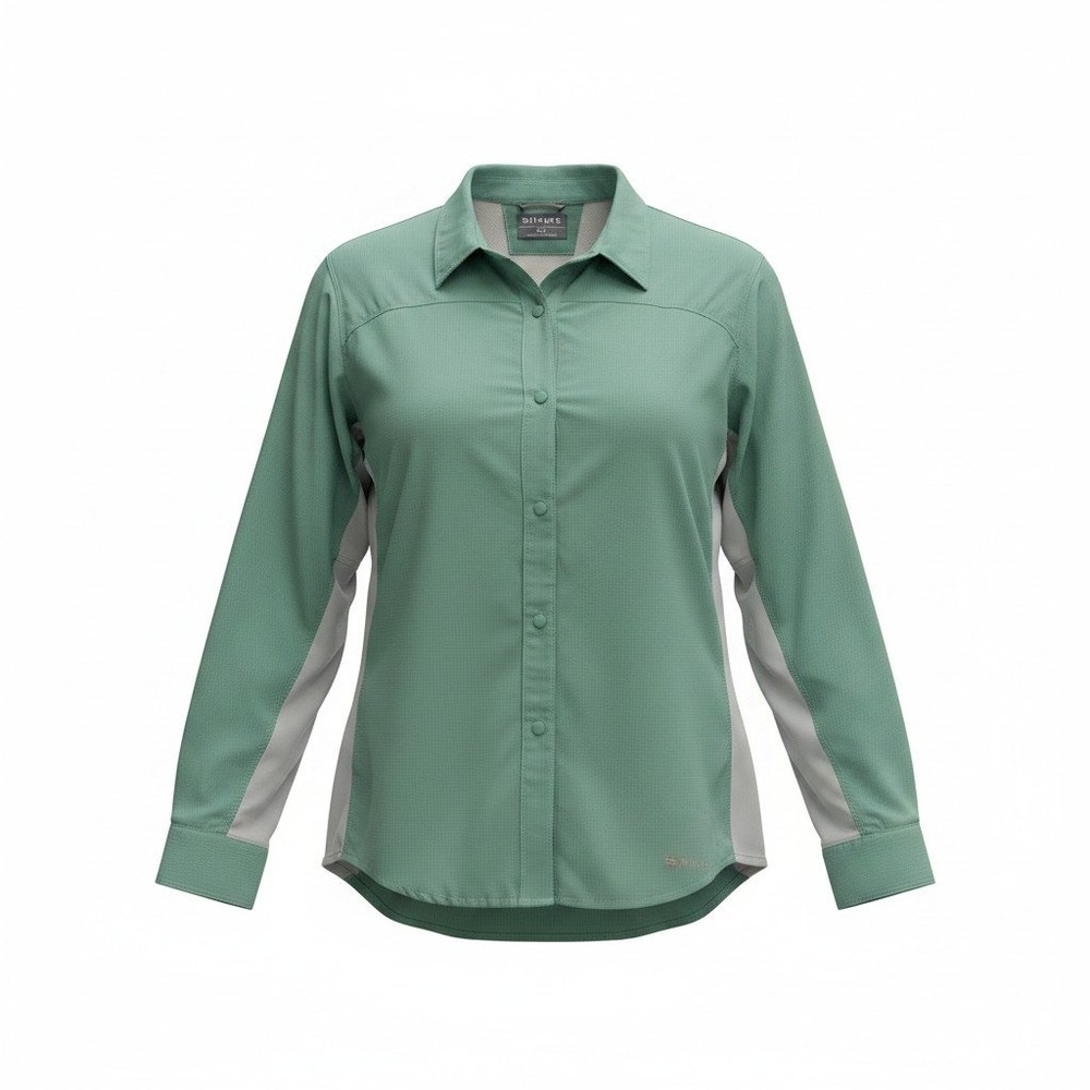 Simms Fishing Bicomp Shirt Womens XXL Sage Green Long Sleeve Snap Button Vent